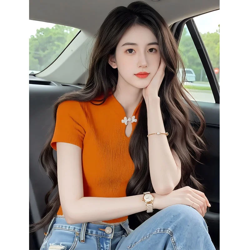 패셔너블한 여성용 뉴 슬레 탑 버튼 레트로 에스닉 슬레 다용도 베이스 탑 한국 스타일 라운드 넥