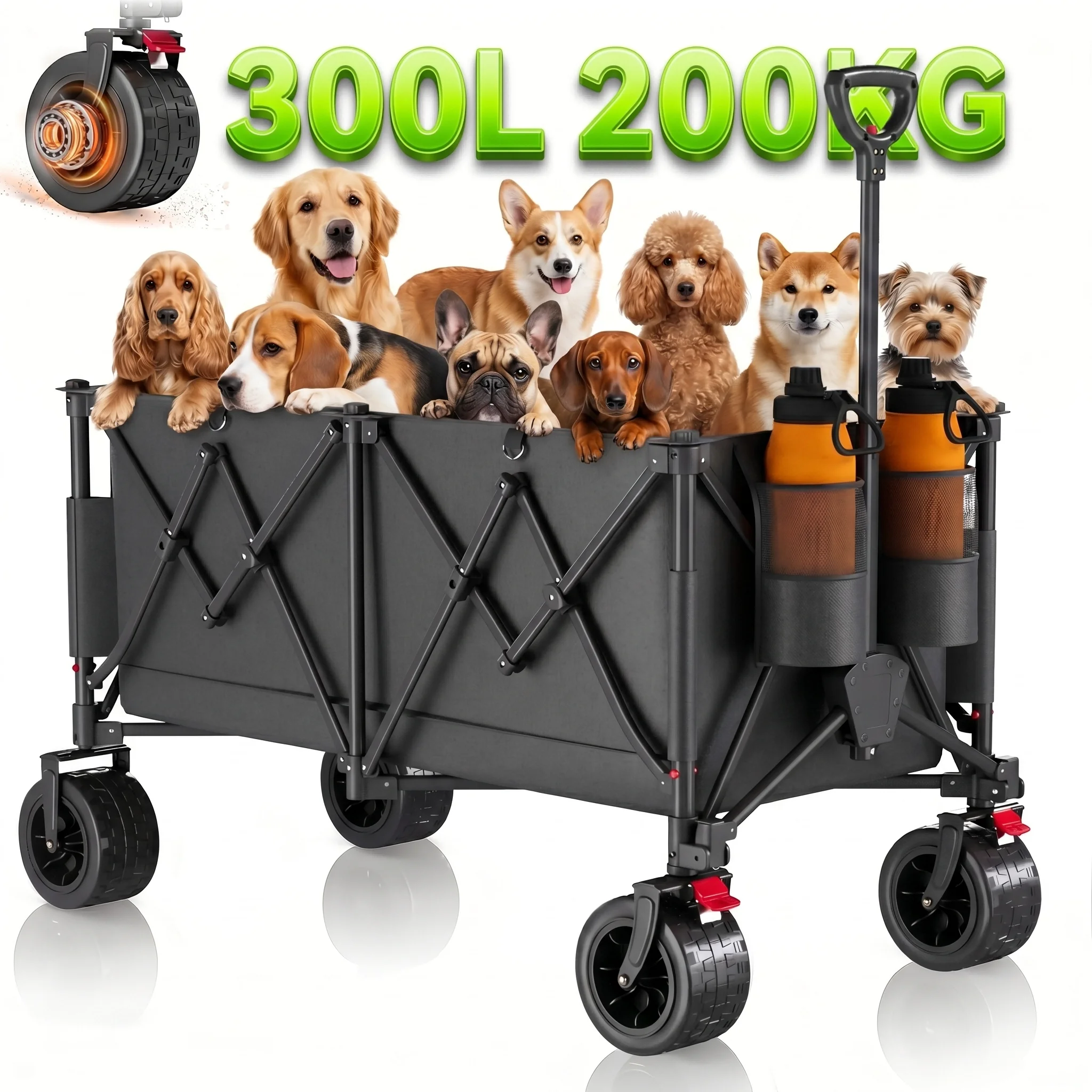 HOMALL Foldable Pet Transport Cart 300L, up to 200kg Capacity, 360° Rubber Wheels, Sturdy Outdoor Dog Carrier for Camping Walks