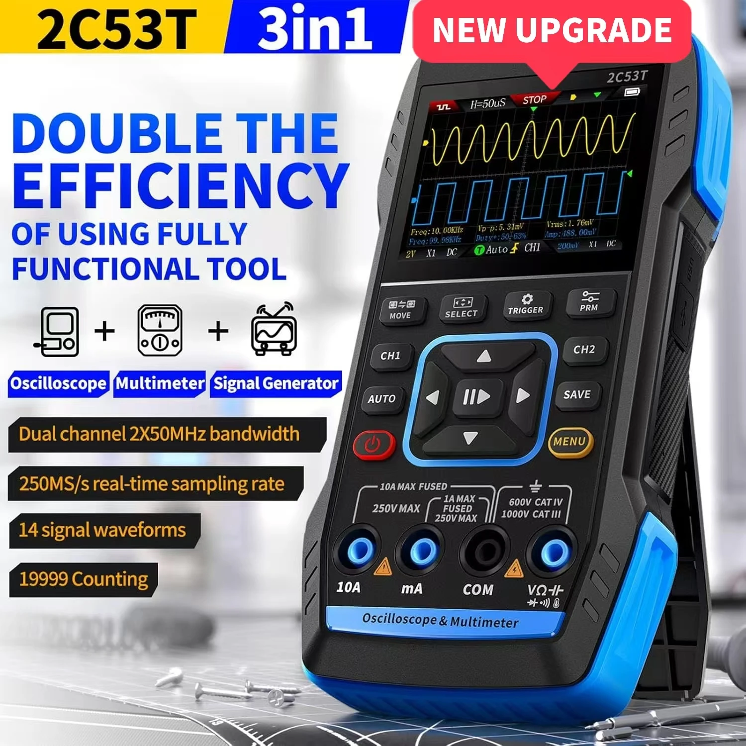 2C53T Upgraded 3-in-1 Handheld Oscilloscope-50MHz Digital Oscilloscope Multimeter DDS Generator 250MS/s 19999 Counts Voltage