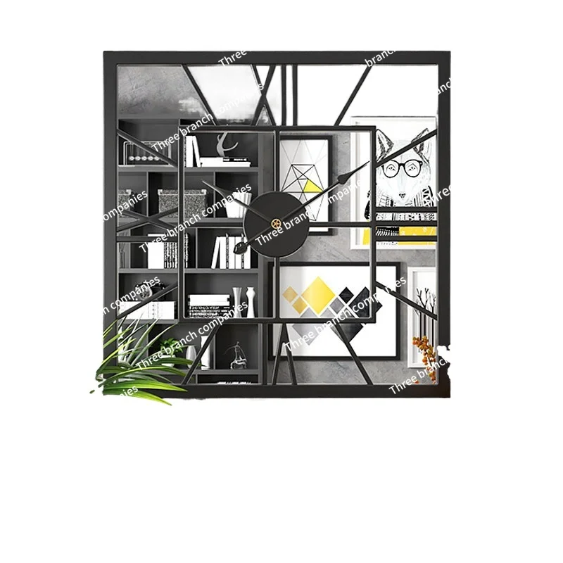 

American retro creative mirror wall clock living room large square metal