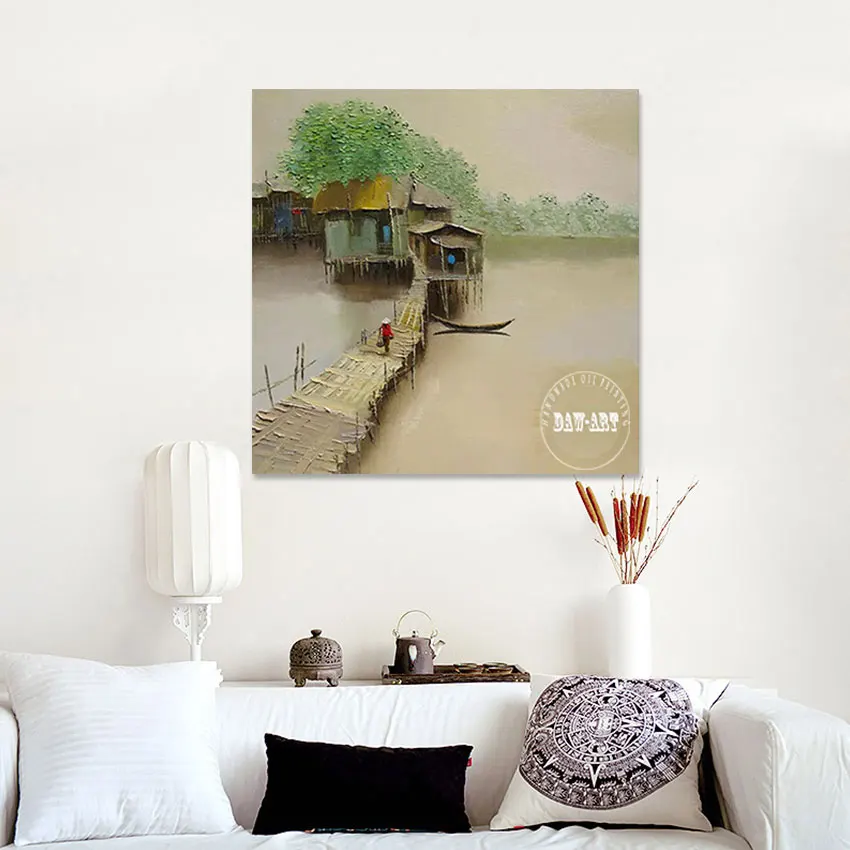 

3d Figure Oil Paintings Abstract Canvas Art Modern Wall Decor Frameless，The House In The Lake Landscape Hand Drawing Picture