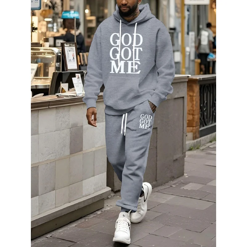 Men'S Casual Sports Hoodie And Long Sweatpants Two-Piece Set，Very Suitable For Outdoor Sports And Leisurely Walks。