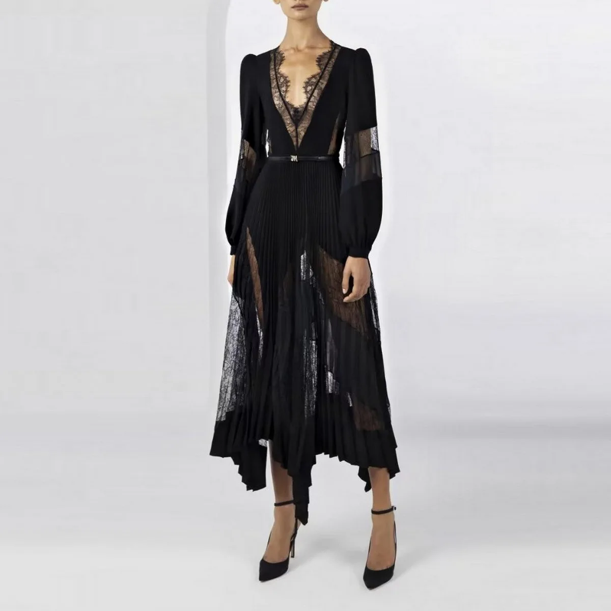 

New Arrival 2024 Spring/Summer V-neck Long sleeved Irregular Spliced Dress 240421MX01