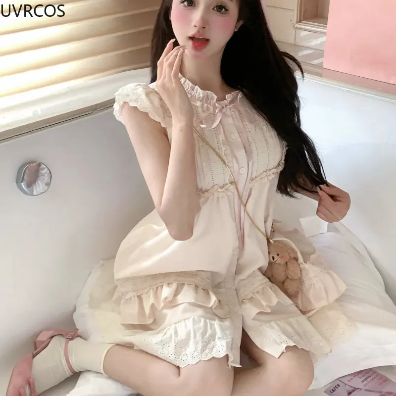 Summer Lace-ups Bow Korea Kawaii Fairy Dress Women France Elegant Party Mini Dresses Chic Flying Sleeve Sweet Cute Ruffles Dress