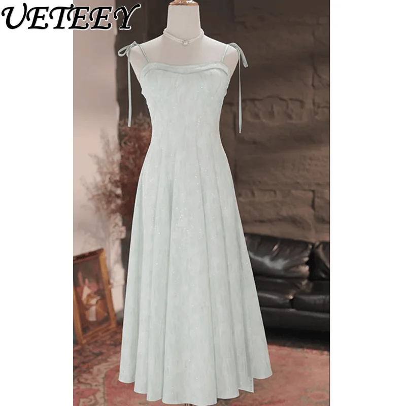 

Elegant Fashion Girls Bow Lace-up Sleeveless Slim Waist Strap Maxi Dress Summer New Pleated Long Party Dresses for Women