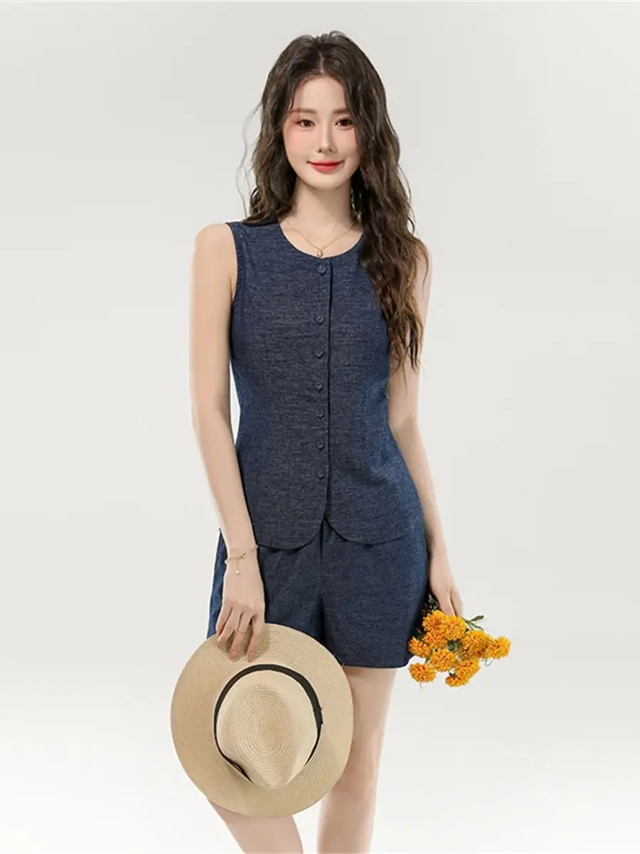 

Vintage Solid Blue Denim Ensemble Femme Casual Sleeveless Vest Cardigan and Shorts Two Piece Set Women's Outfits