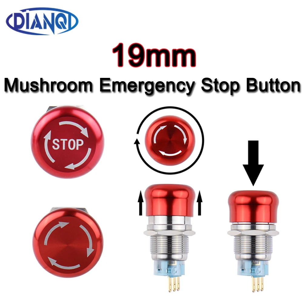 19mm Metal Waterproof Mushroom Push Button Switch Red Emergency Stop Button Locking Onoff Switch 3Pins 6Pins NONC Arrow Button