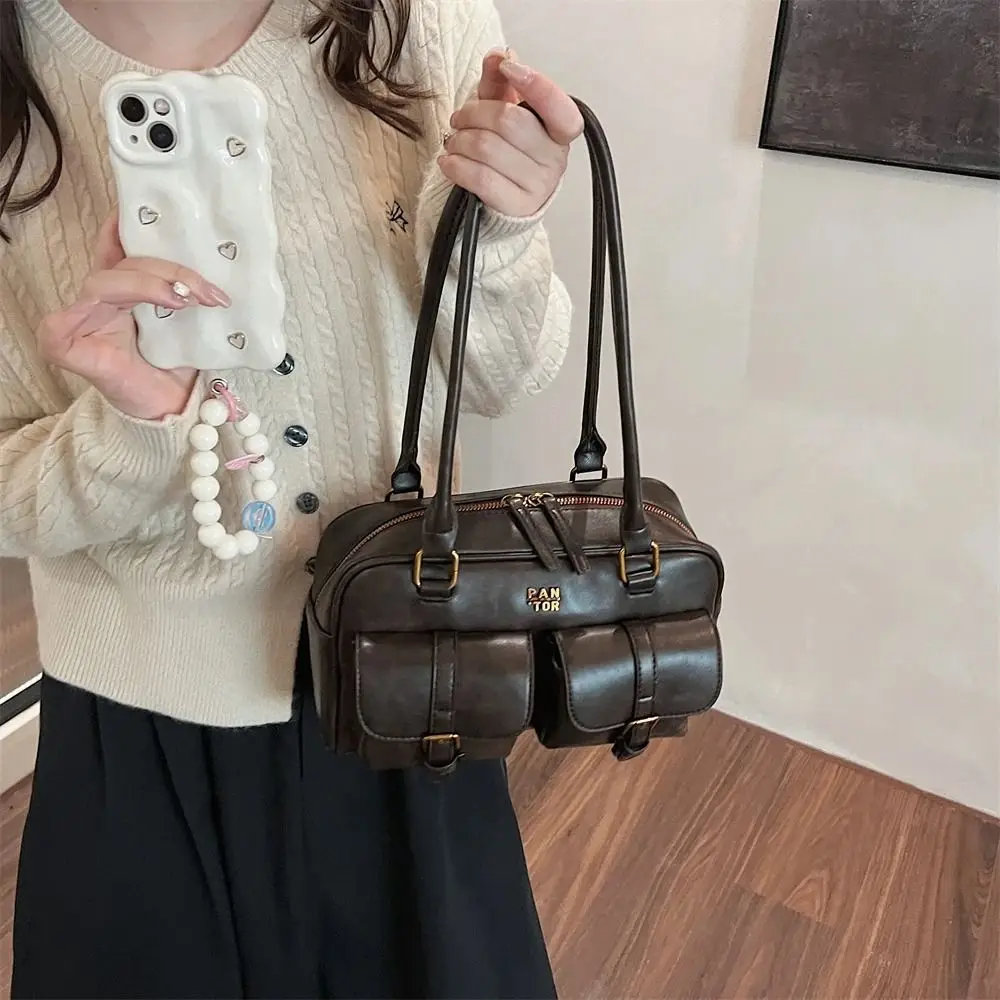 

Korean Style PU Bowling Bag Handbag Solid Color Pocket Boston Tote Bag Patent Leather Minority Design Underarm Bag Outdoor