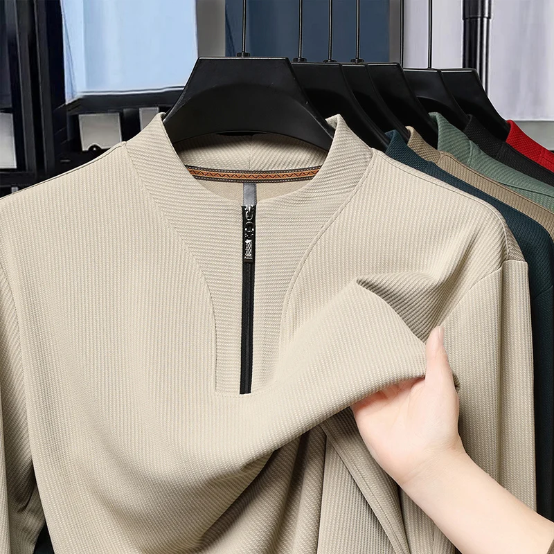 Casual T Shirts Herren Herbst Winter Elastische Halb Zipper Langarm Tops Männer Einfarbig Koreanische Business Basis Shirt T-shirt