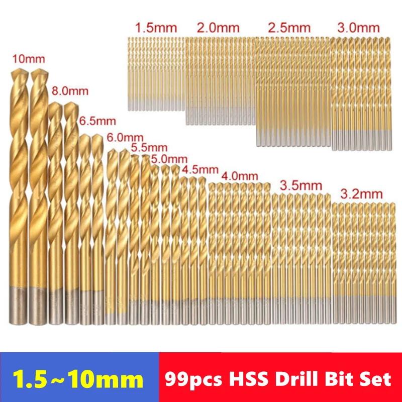 99pcs 1.5~10mm HSS titanium plated round handle Fried Dough Twists drill set, used for woodworking electric drilling tools