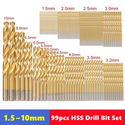 99pcs 1.5~10mm HSS titanium plated round handle Fried Dough Twists drill set, used for woodworking electric drilling tools