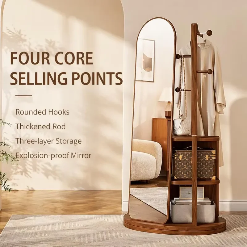 Rotating Full-Length Mirror, Floor Standing Movable Dressing Mirror with Clothes Storage Rack