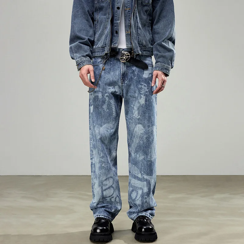 2024 Spring Personalized Jeans for Men's Y2K Baggy Pants Jeans Fashionable Printing Straight Denim Casual Pants