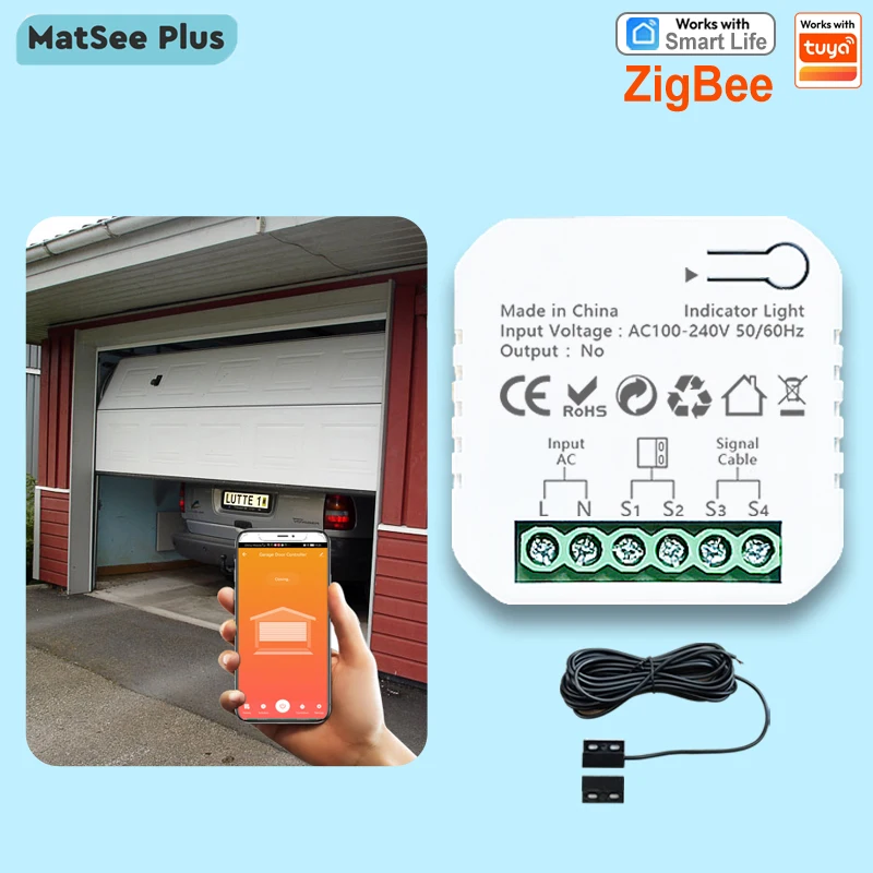 Tuya Smart Life ZigBee Contrôleur d'ouvre - porte de garage avec capteur de porte contact sec app télécommande commande vocale Alexa Google Home support zigbee2mqtt PJ - zgd01 nécessite une passerelle