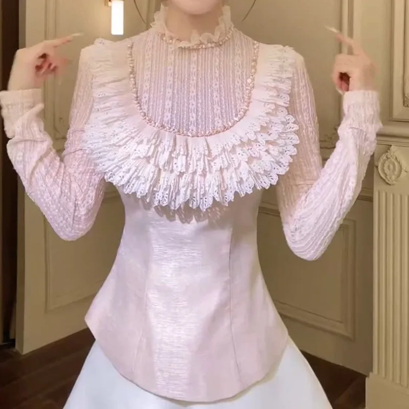 

French Retro Heavy Industry Nail Bead Long-sleeved Shirt Women's 2025 Autumn New Fashion and Versatile Waist Slimming Top