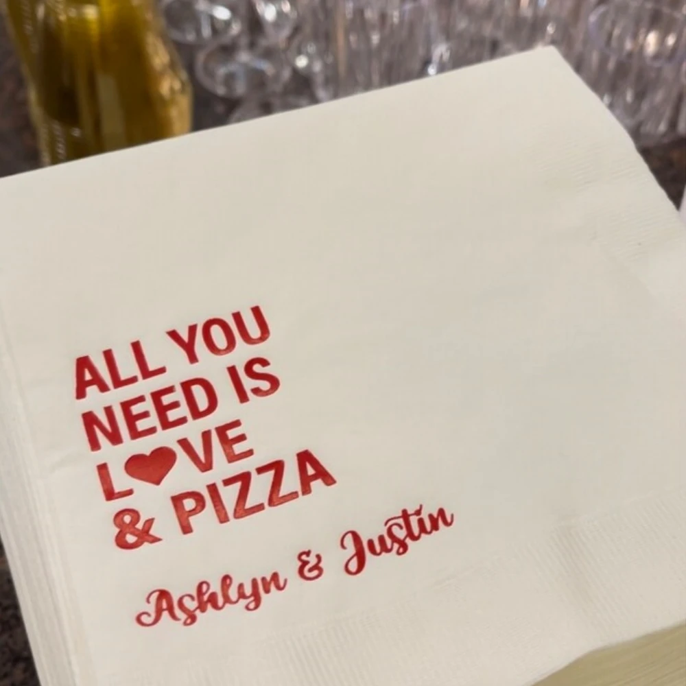 50Pcs Personalized Wedding Cocktail Napkins All You Need is Love and Pizza Custom Party Beverage Luncheon Dinner Guest Towels Re