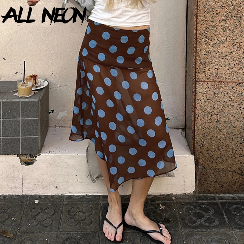 

ALLNeon 2000s Aesthetics Mesh Patchwork Bodycon Skirts Elegant Fashion Polka Dot Irregular Hem Mid Skirt Women Sweet Beachwear