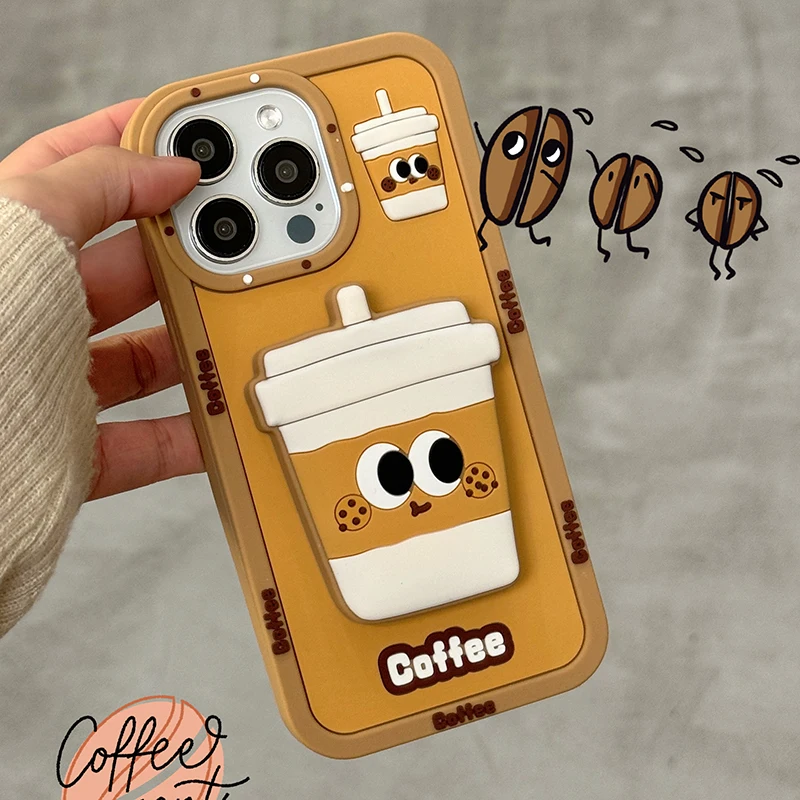 Funny 3D Coffee Cup Folding Holder Stand Case For iPhone 16 Pro Max 17 15 14 13 12 11 Soft Silicone Bracket Back Cover