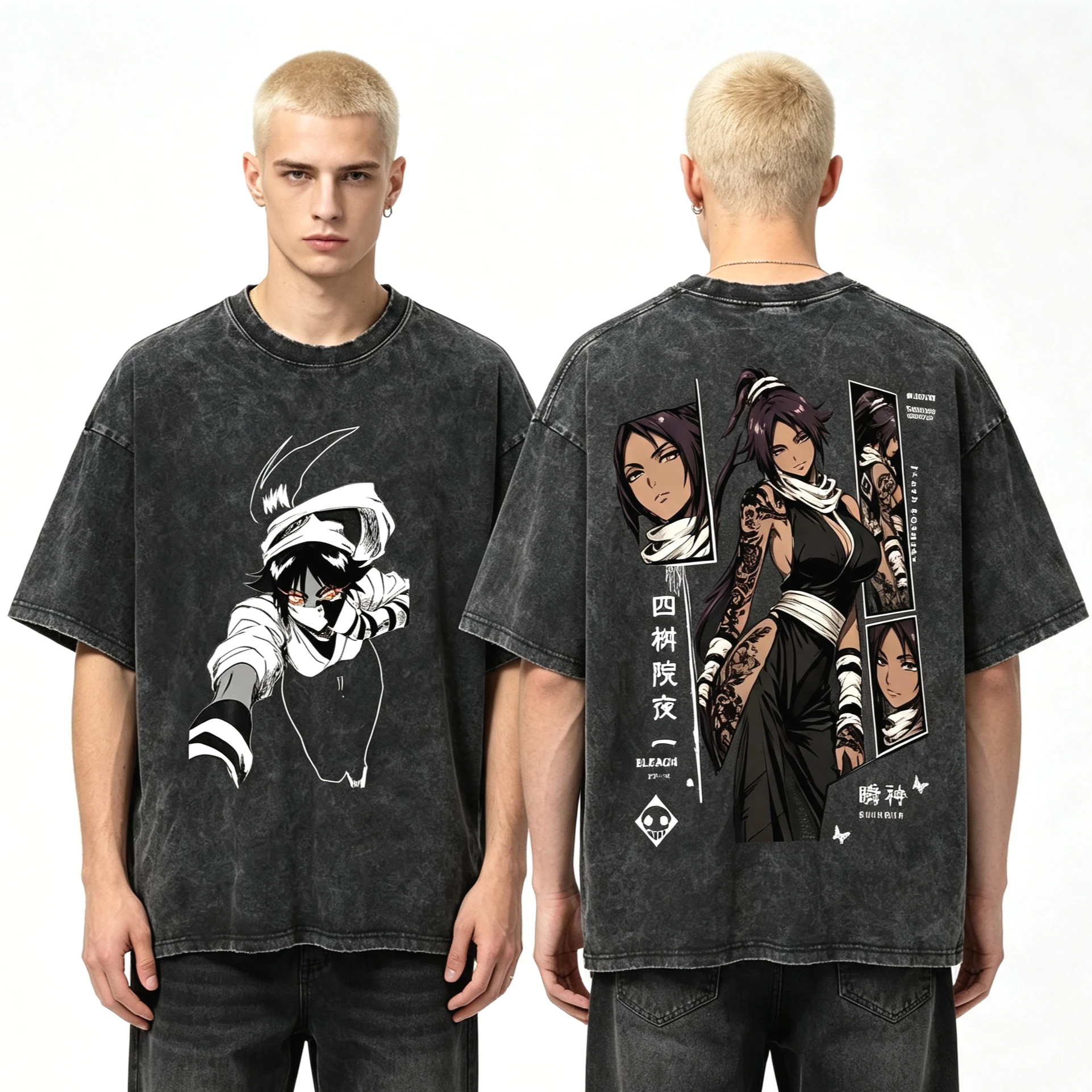 Summer Washed Japan Anime Bleach Yoruichi T-shirt Y2K Unisex Casual Streetwear Oversized T-shirt Print Crew Neck Casual T Shirt