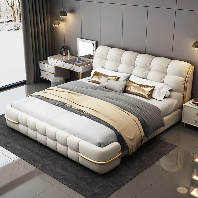 

High End Luxury Double Bed Frame Modern Elegant Italian Villa Leather Bed King Size Camas De Dormitorio Bedroom Furniture