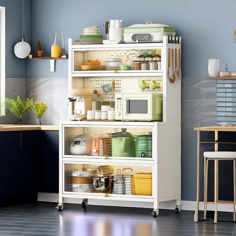 

White 5-Tier Kitchen Bakers Rack with Flip Door Cabinet, Multifunctional Microwave Stand, Coffee Bar, Pantry Storage Shelf, Easy Assembly