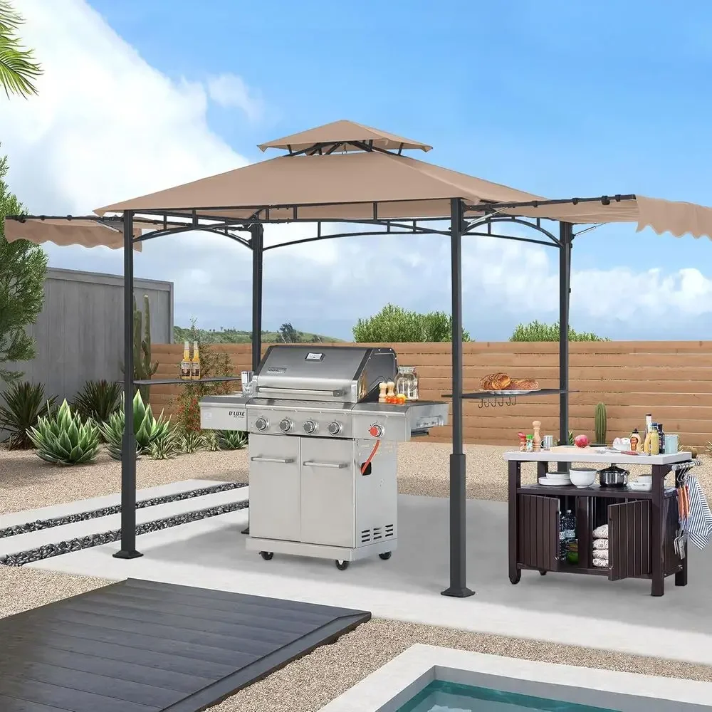 14x5 Outdoor BBQ Shelter with 2 Side Awnings and LED Lights, Khaki