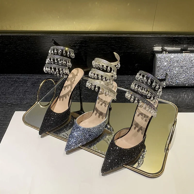 Glitter Sparkly High Heels Women Diamond Pumps Strap Up Paillette Sequin Thin Rhinestone Sandals Fetish Ultra Pointy Toe Shoes