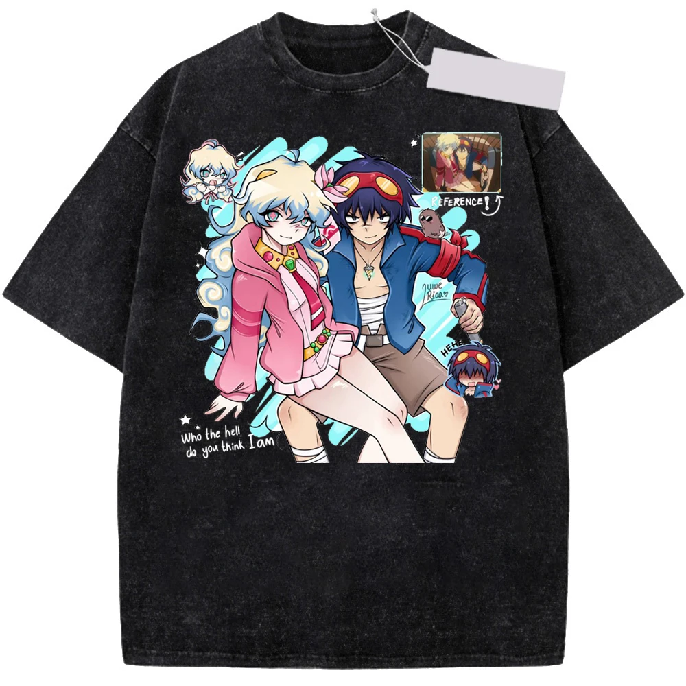 Anime Tengen Toppa Gurren Lagann Littner Yoko Graphic Print T-shirt Men Women Vintage Washed O-neck Cotton Casual Oversized Top