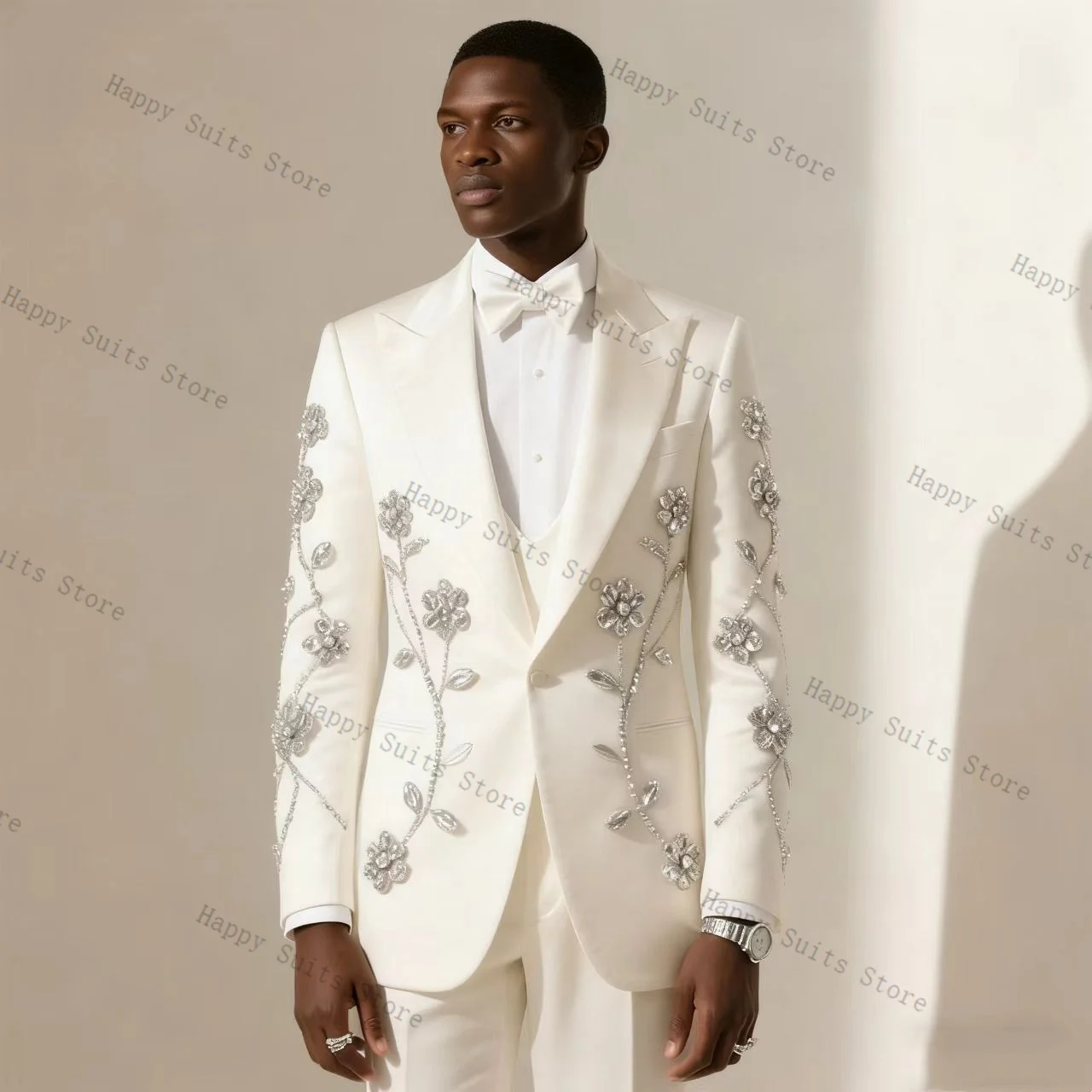 Weißer Kristall-Herrenanzug, 2-teilig, Bräutigam-Blazer + Baumwollhose, Formeller Büroanzug, Hochzeits-Smoking, Maßgeschneiderte Jacke