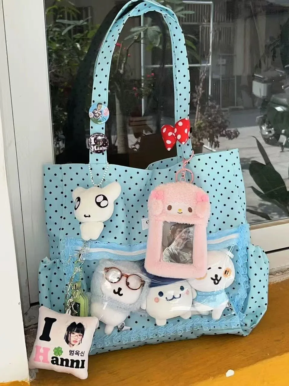 Neue süße Hand Ulzzang Y2k Ita Tasche für Mädchen große Kapazität modische Polka Dot Canvas Umhängetasche lässig Pendeln Einkaufstasche – Detail 1