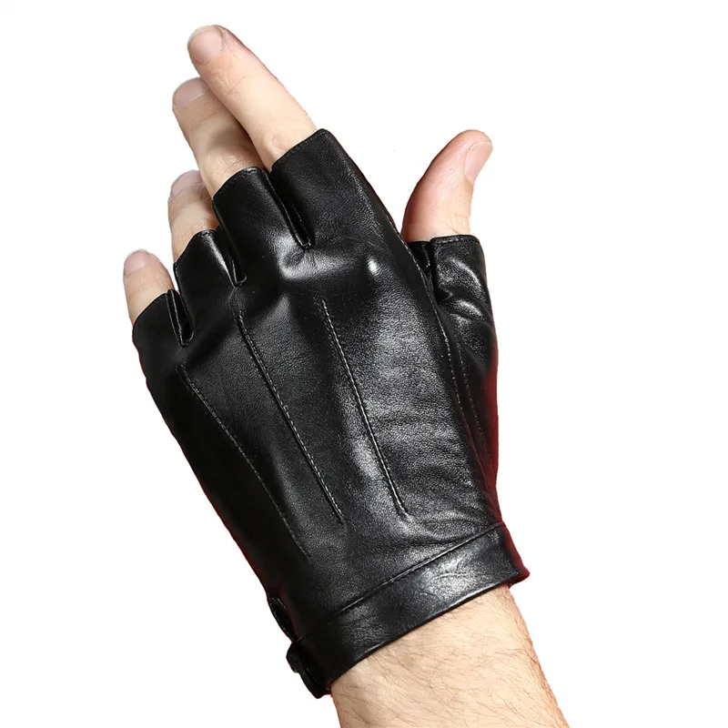 Men Sheepskin Gloves Retro Genuine Leather Fingerless Gloves Driving Cycling Motorcycle Unlined Half Finger Gloves