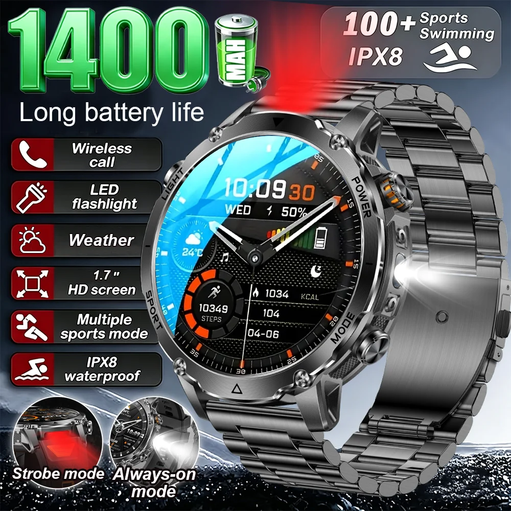 2026년형 군용 1400mAh 배터리 1.7인치 HD AMOLED 스크린 아웃도어 손전등 10ATM 방수 심박수 측정 스포츠 BT 통화 스마트 팔찌