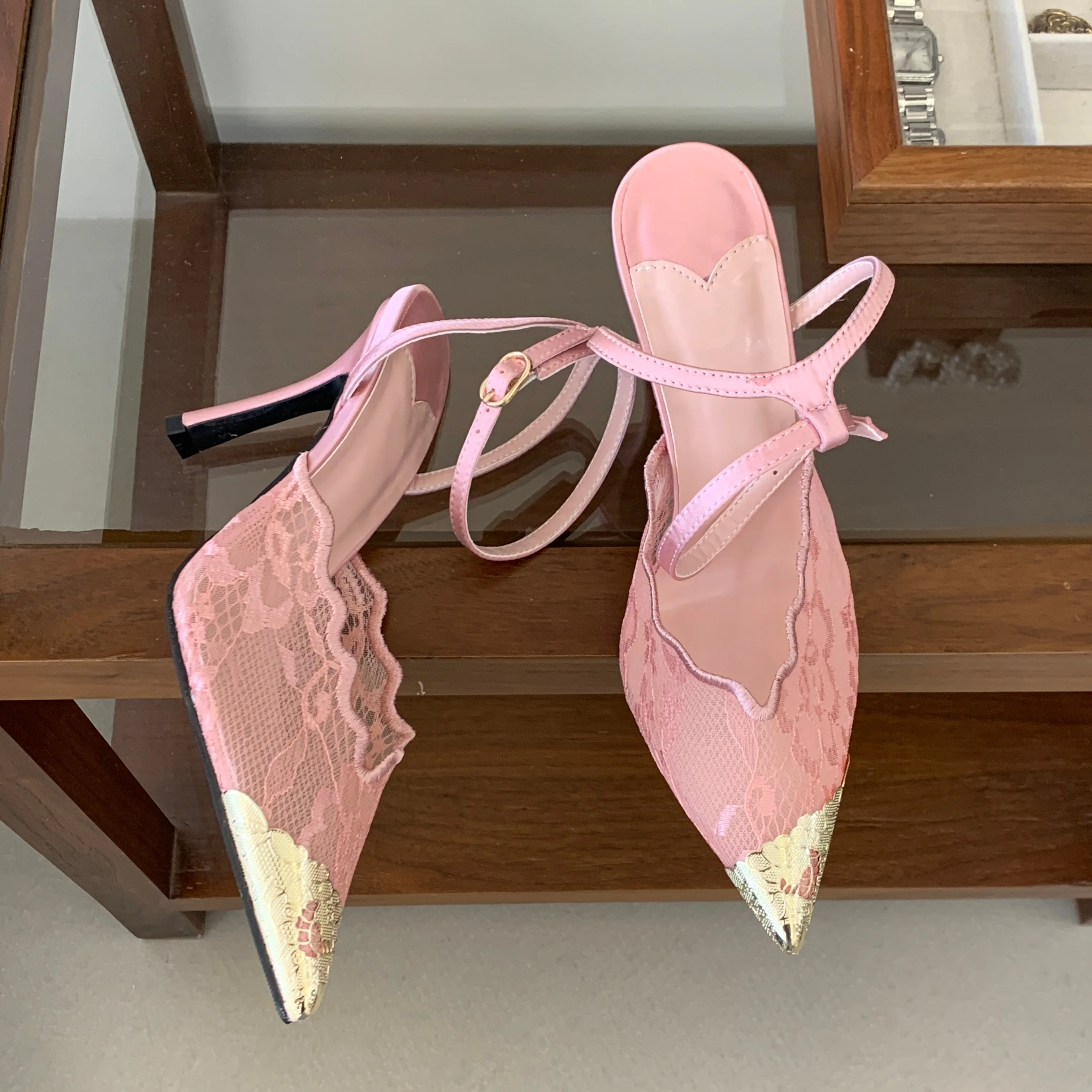 Aneikeh Elegant White Lace Slingback Stiletto Heels Pointed Toe Ankle Strap Buckle Sandals Wedding Party Ladies Dress Pumps image 3