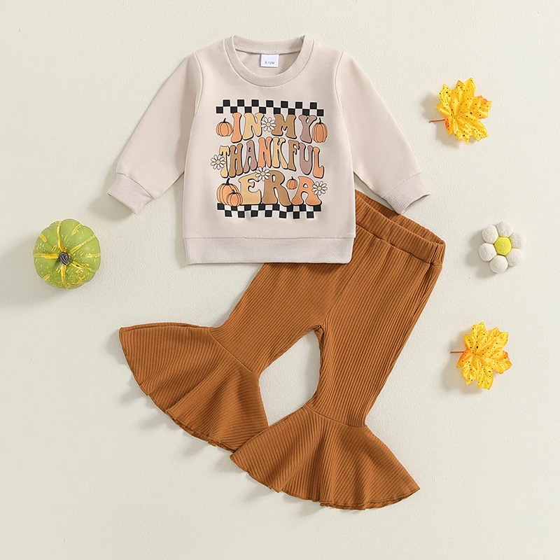 2024-06-07 Lioraitiin 6M-4Y Little Girl Thanksgiving Outfit, Letter Print Fall Long Sleeve Sweatshirt Ribbed Flare Pants Set