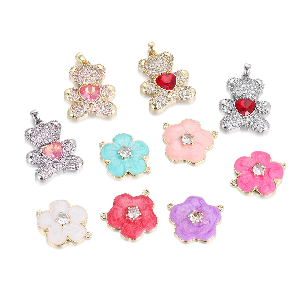 Cute Flower Bear Full Zircon Charms Gold Color Heart Copper Charm Dijes Diy Woman Earrings Necklace Braclet Pendant