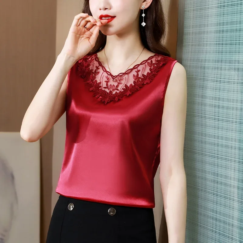 Casual Slim Solid Lace Satin Tops Elegant Sleeveless Silk Clothes Summer Hollow Flower Embroidery Women Blouses and Shirts 24672