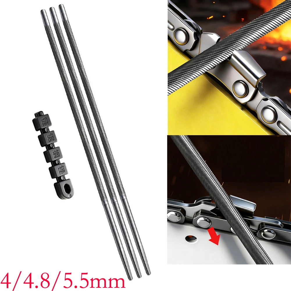 3PC Precision Chainsaw File Pack 4/4.8/5.5mm 245mm Steel File With Handle For Electric Saw Long Lasting Sharpness Rust-Resistant