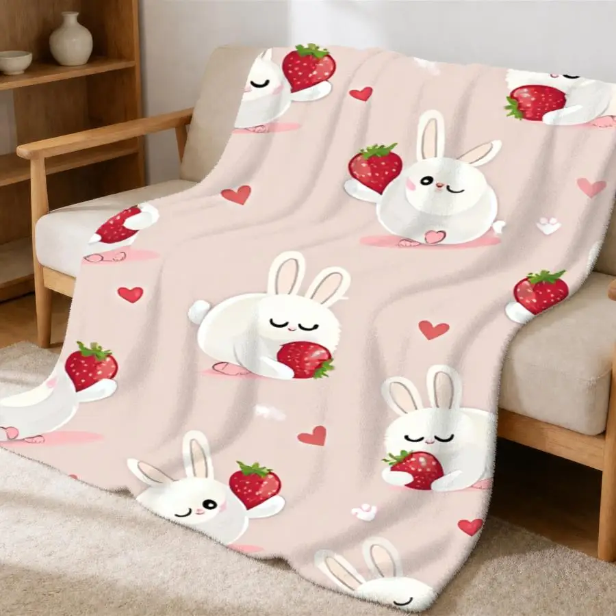 Super Cute Strawberry Bunny Blanket Fleece Throw Cozy Home Decor Gift for Sofa Couch Xmas Winter Decoration Plush Knit Throw Bla