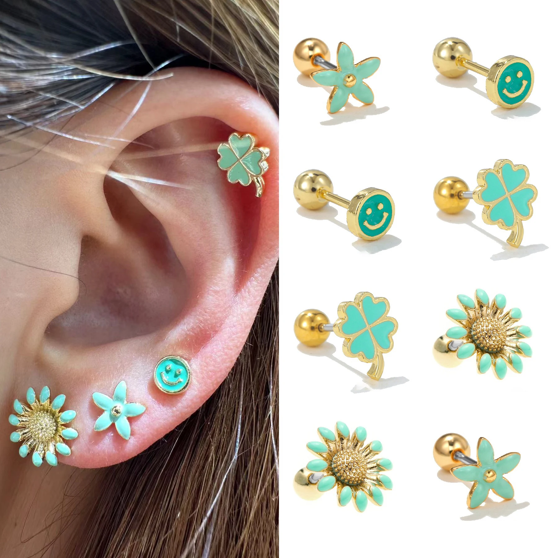 One Piece Colorful Enamel Smiling Face Clover Flowers Screw Stud Earrings for Women Fashion Jewelry Minimalist Accessories