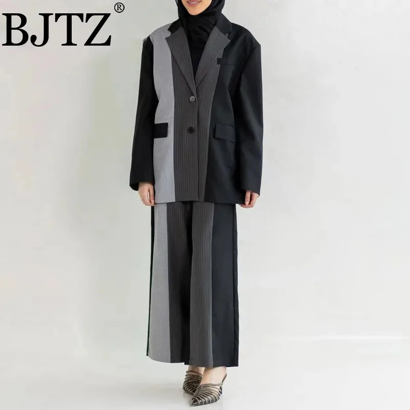 

BJTZ Spliced Contrast Color 2 Piece Set Women's Single Breasted Loose Blazers+high Waist Wide Leg Pants 2025 Autumn New