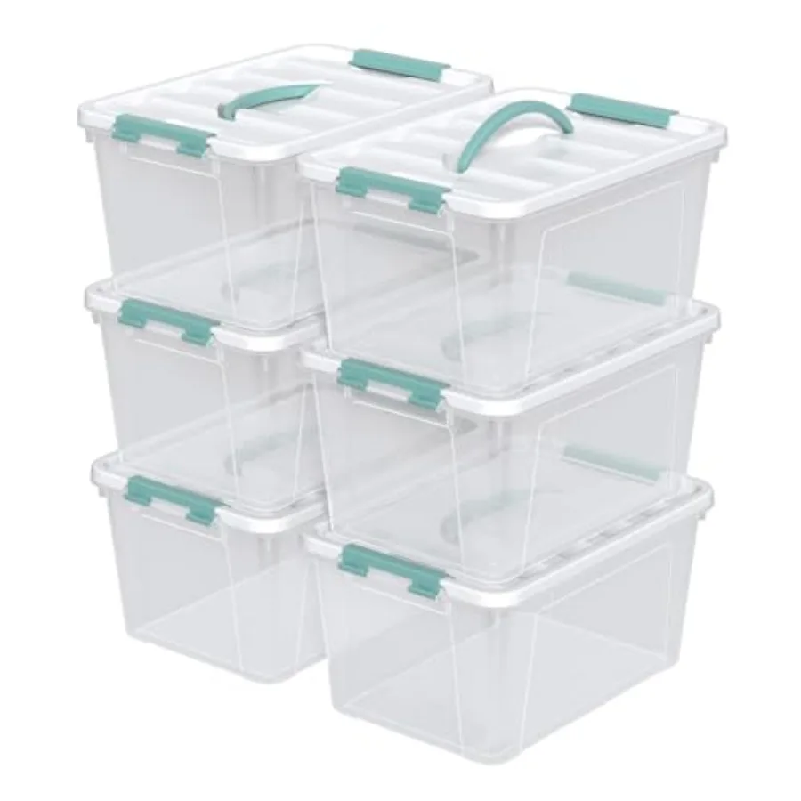 

14 Quart Plastic Lidded Storage Bin with Handle Clear Latching Box with White Lid 6 Packs