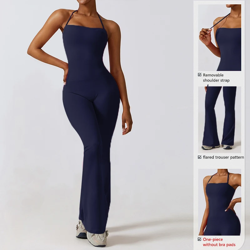 New Summer Women Sleeveless Yoga Jumpsuit Female Gym Flared Overalls Neck-hanging Backless Sportswear Sport Outfit For Woman