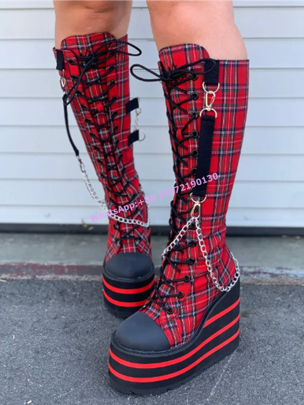 

Red Pink Checkered Knee High Boots Metal Chain Round Toe Wedges Platform Cross Tied Back Zipper Shoes Women's Lovely Sexy Boots