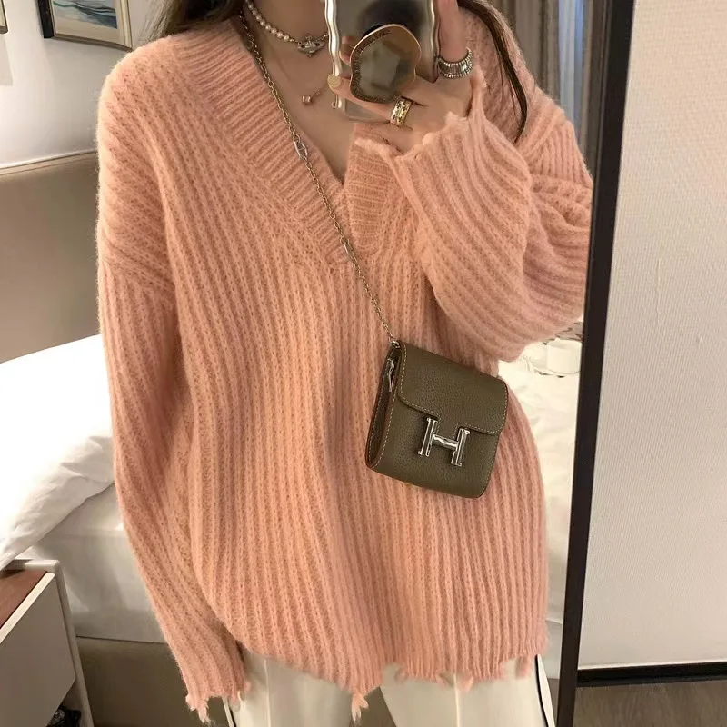 Medium length Hairy Haired Large V-neck Sweater Women's Autumn Winter Design Sense Loose Long Sleeve Hooded Knitted Sweater Top