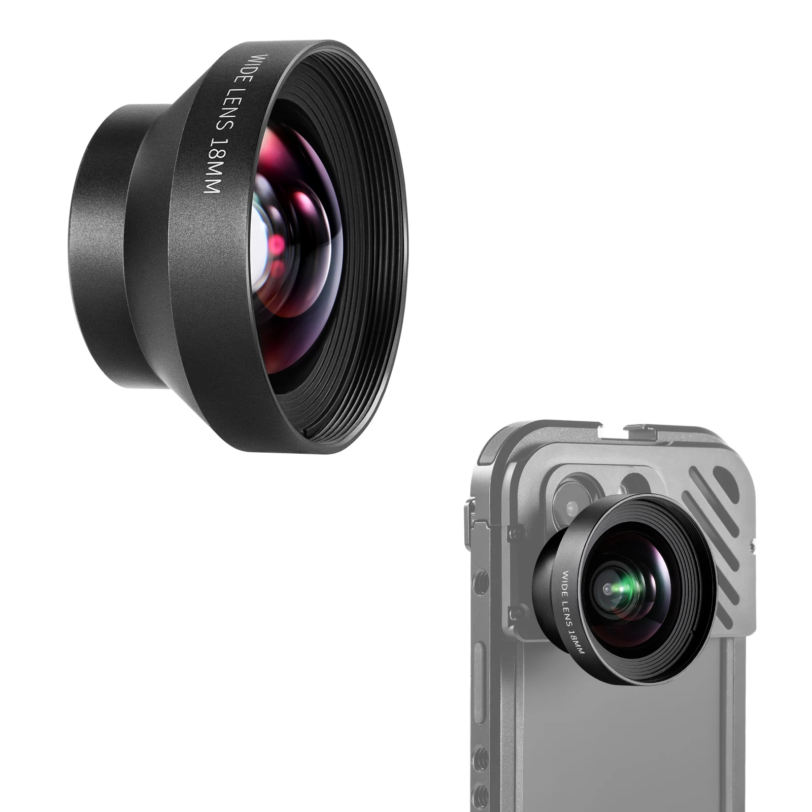 NUEVAJUDA HD 18mm 100 °   Lente gran angular con adaptador de lente de 17 mm Ampliación 0,5X para iPhone Samsung Phone Cage Rig