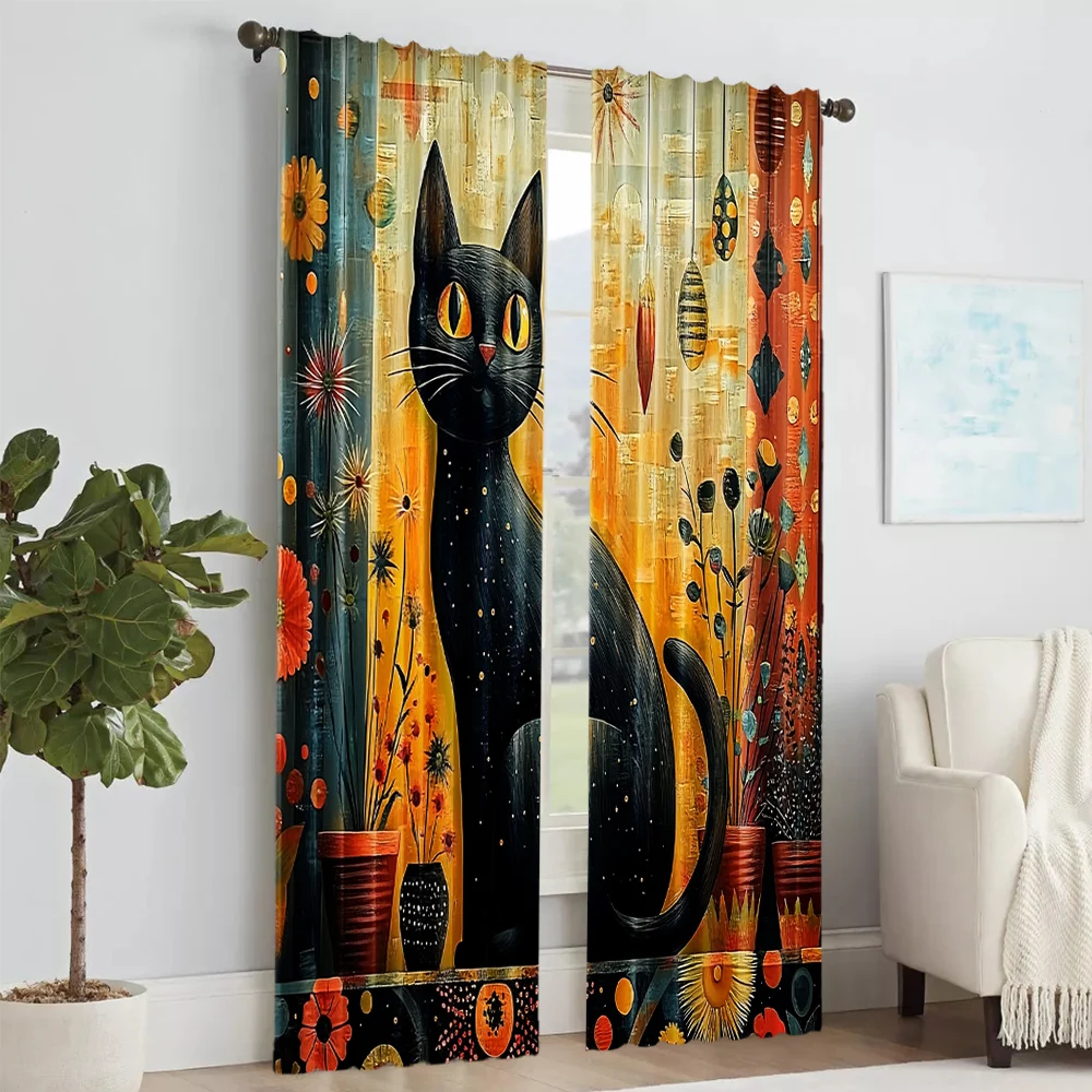 2 pcs, versatile polyester transparent curtains for home decoration Cat Floral for use in bedrooms and living rooms