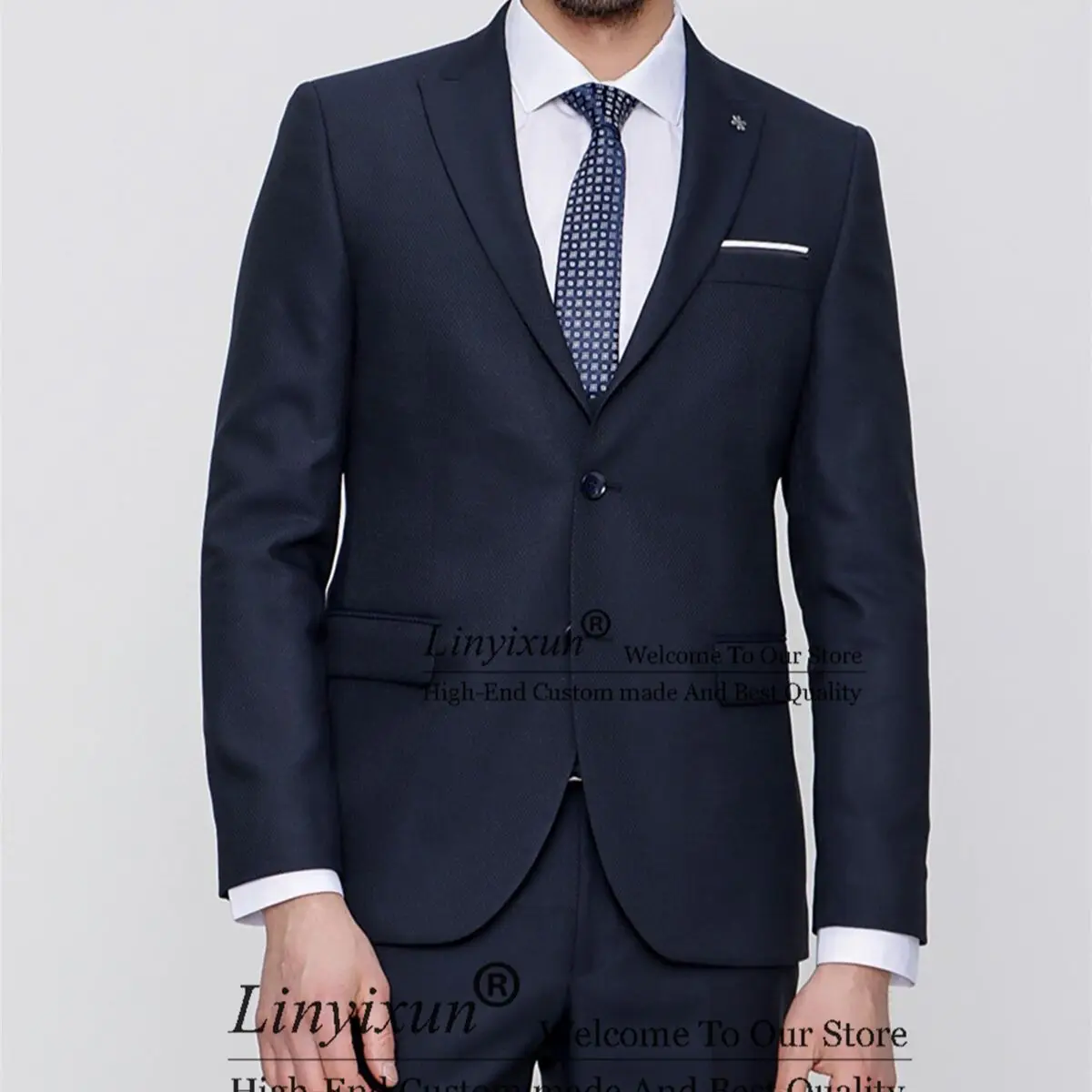 

Formal Navy Blue Men Suits Peak Lapel Slim Fit Wedding Groom Tuxedos 2Pieces Set Business Male Blazer Costume Homme Jacket Pants