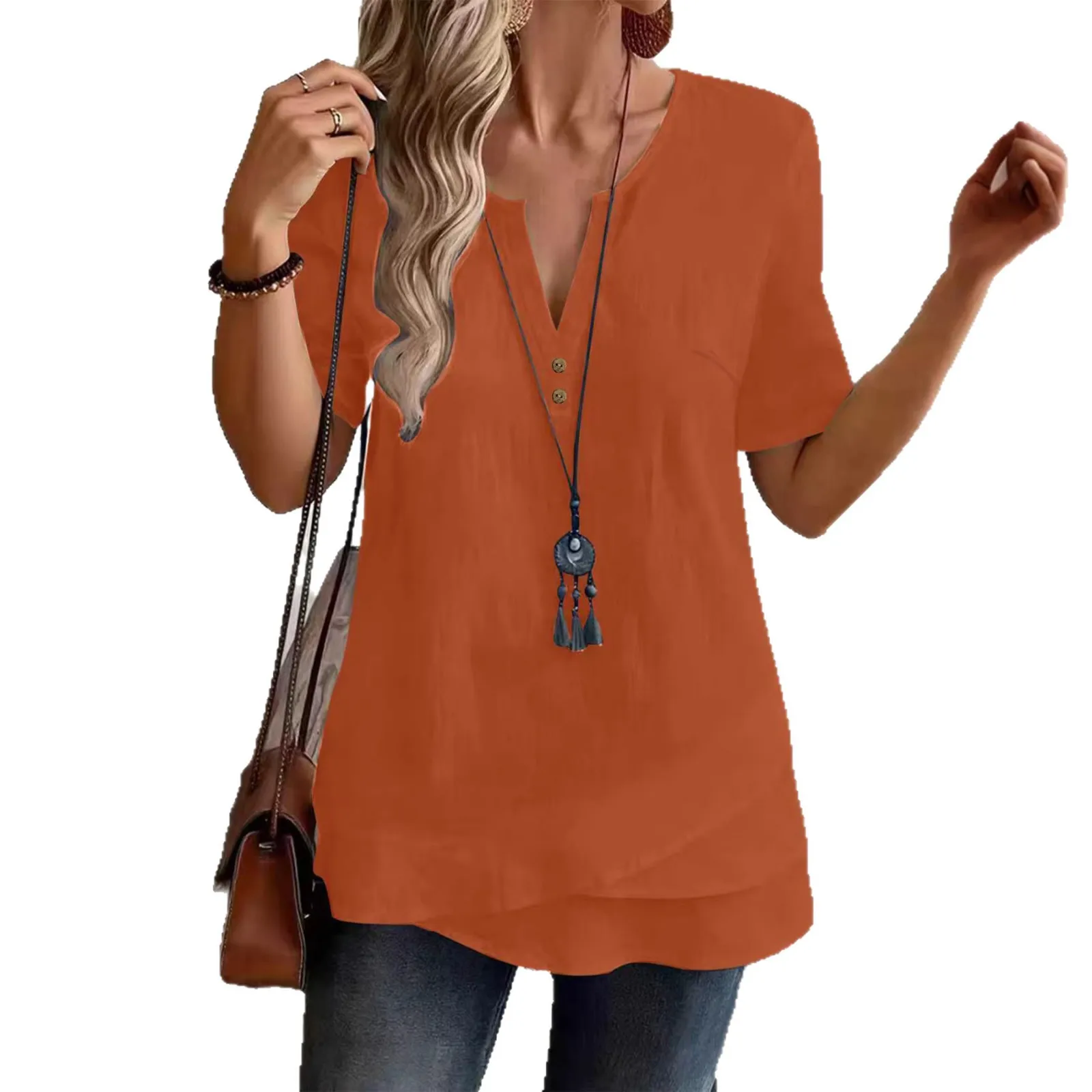 

2026 New Women's Cotton Linen Shirts Casual Solid Color Fashion Irregular Short Sleeve Loose Blouses Summer V-Neck Button Tops