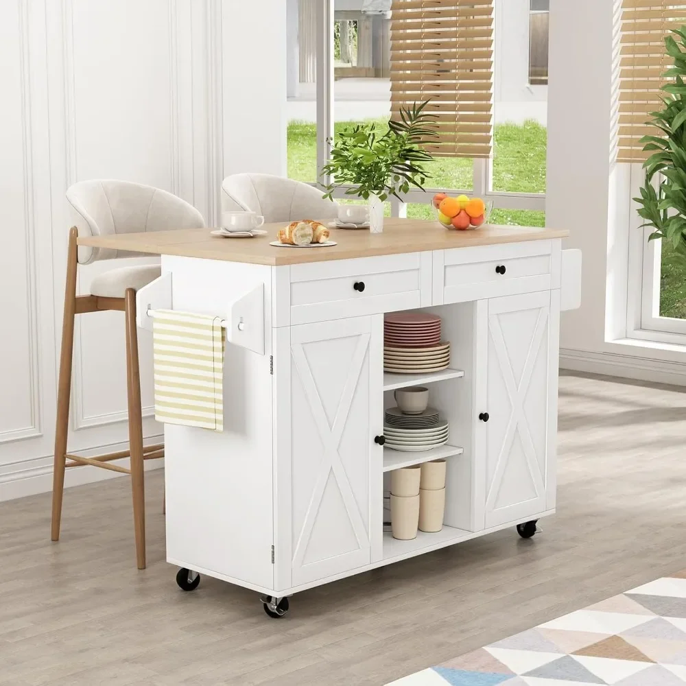 Kitchen Island On Wheels, Rolling Kitchen Island Cart with Drop Leaf Countertop, Barn Door Kitchen Island Table with Storage