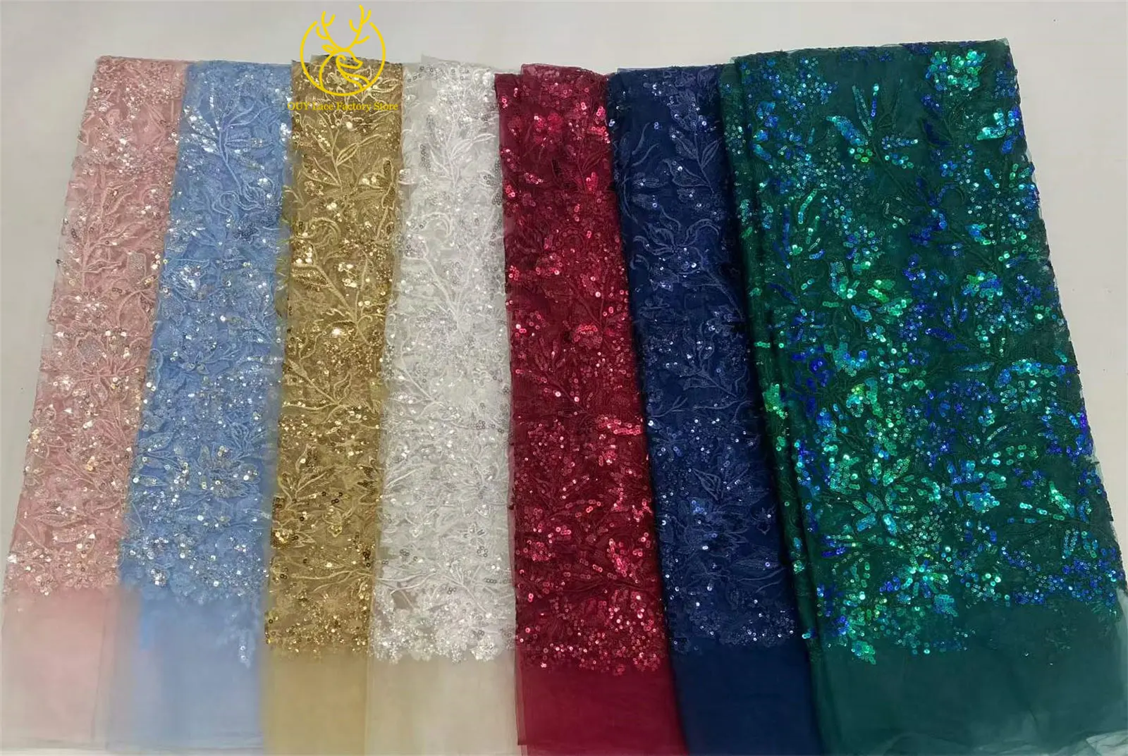 Goldener Luxus-Tüllstoff mit französischer Stickerei und Pailletten, afrikanischer Pailletten-Mesh-Tüllstoff zum Nähen von Hochzeits- und Abendkleidern – Detail 21